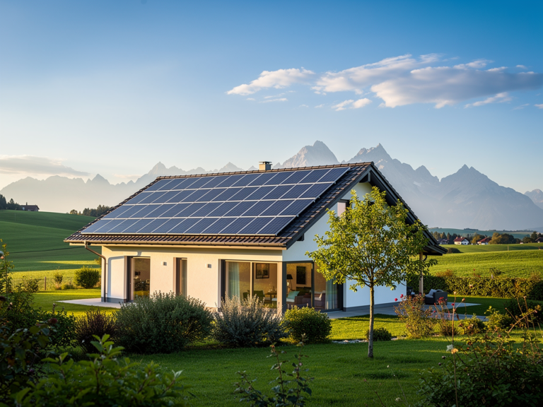 KfW Photovoltaik Bayern sinnvoll nutzen und staatliche Förderung sichern Moderne Solaranlage auf Hausdach mit KfW Photovoltaik Bayern Förderung im Hintergrund
