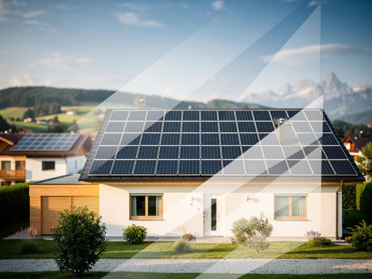 Hausdach mit Photovoltaikanlage und Symbolen für PV Förderung Bayern 2026