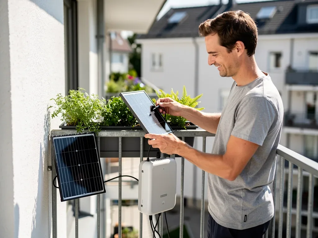Balkonkraftwerk im Test: Unabhängige Ergebnisse und Empfehlungen Balkonkraftwerk mit Solarmodul montiert auf Südwestbalkon im Testvergleich