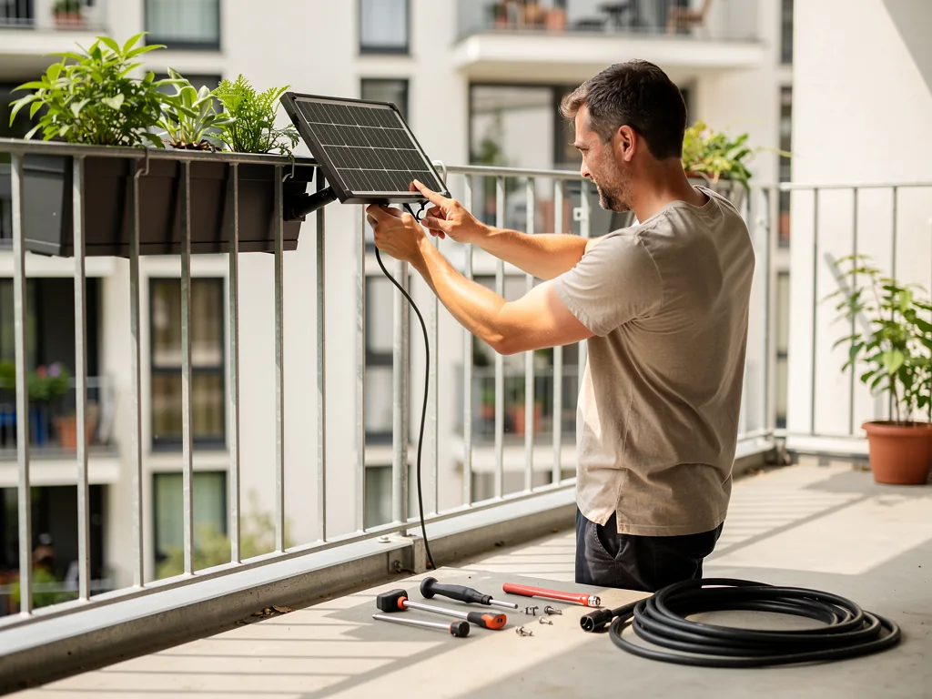 Balkonkraftwerk Installation Schritt für Schritt sicher durchführen Montage eines Balkonkraftwerks auf dem Balkon mit Solarmodulen und Anschluss