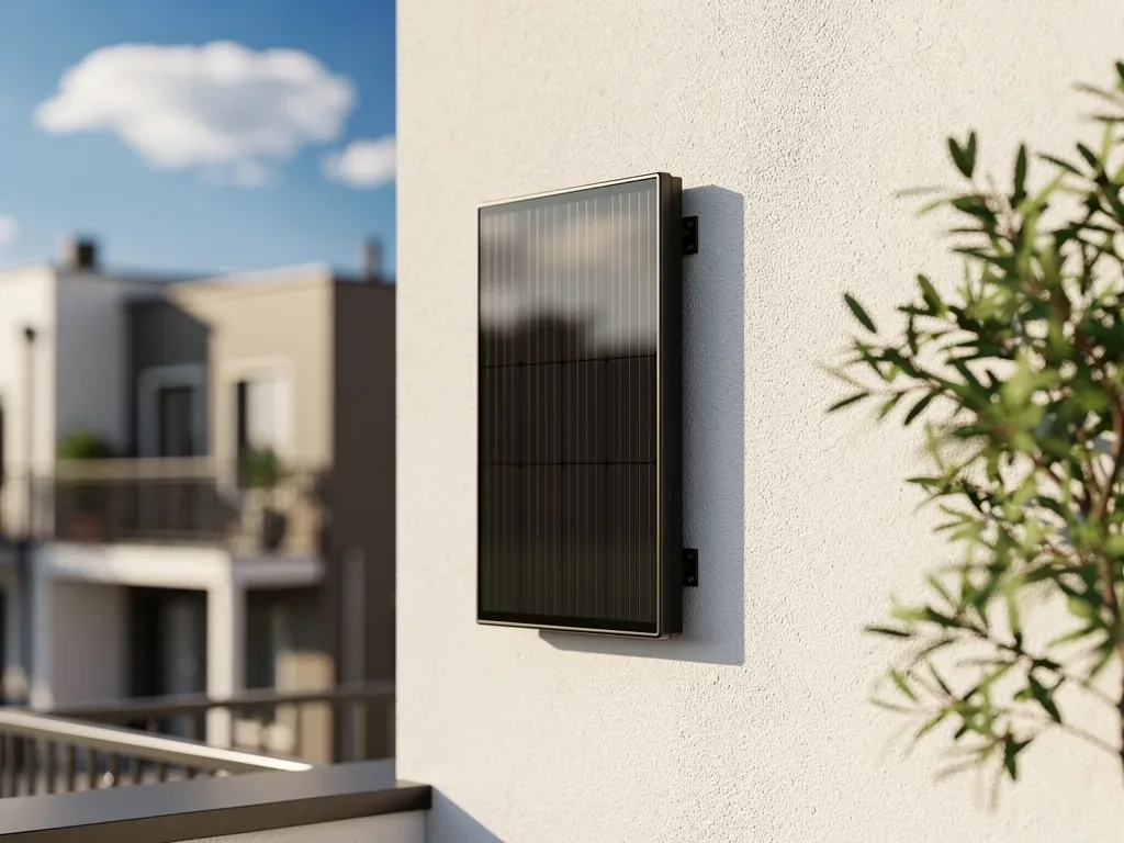 Balkonkraftwerk ohne Balkon: Stromerzeugung an Hausfassade und Terrasse Mini-PV-Anlage an Südwestfassade zur Stromerzeugung ohne Balkon installiert