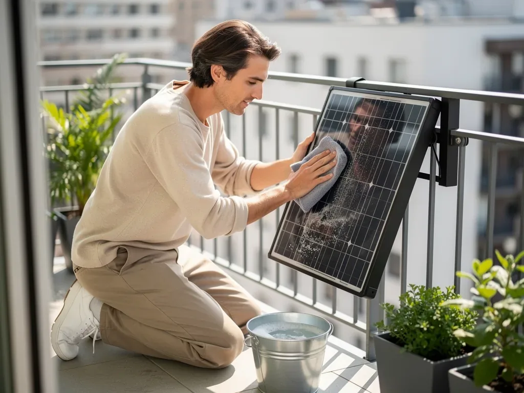 Balkonkraftwerk Reinigung richtig durchführen für nachhaltig hohe Erträge Solarmodule eines Balkonkraftwerks werden mit weichem Tuch und milder Seifenlösung gereinigt