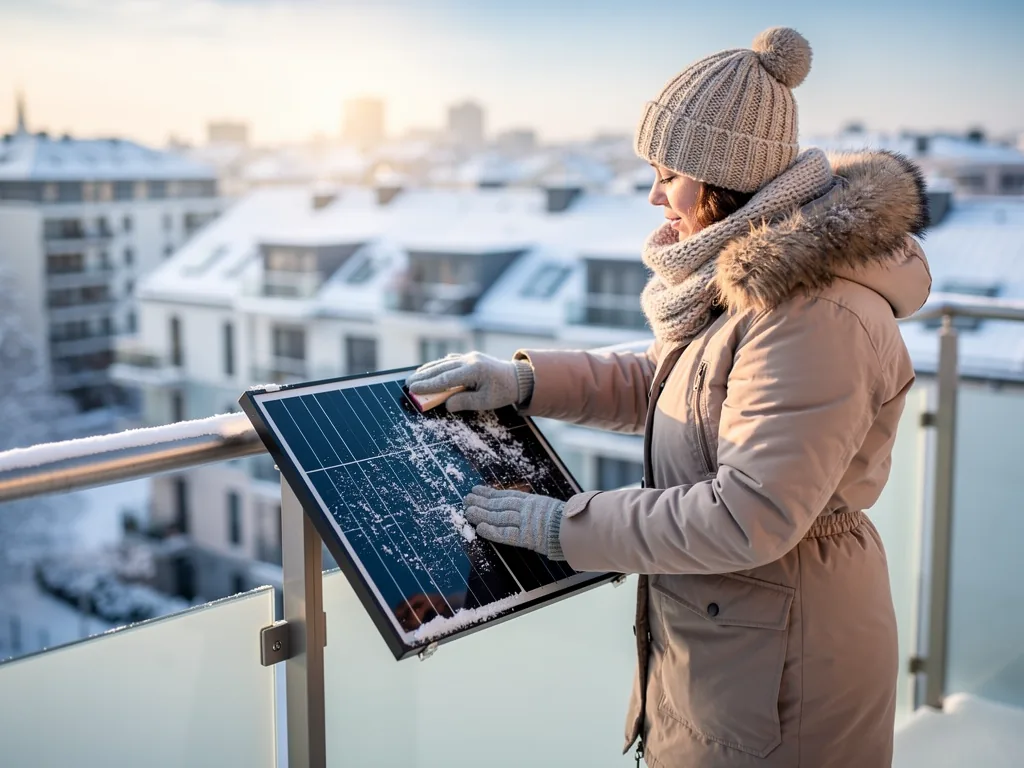 Balkonkraftwerk Winter nutzen und Ertrag auch bei Kälte gezielt steigern Balkonkraftwerk im Winter auf Balkon montiert im optimalen Winkel mit Schnee entfernen