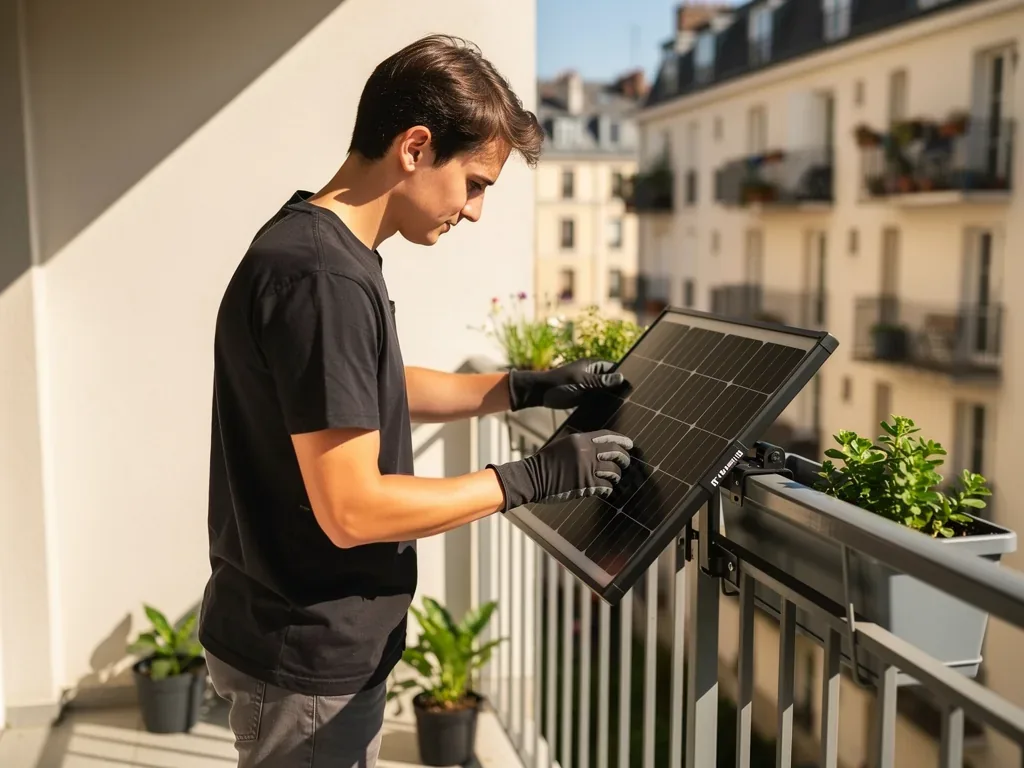 Balkonkraftwerke Vorteile 2026 verstehen und richtig nutzen Balkonkraftwerk auf Balkon mit Montage-Schritten und grüner Natur im Hintergrund