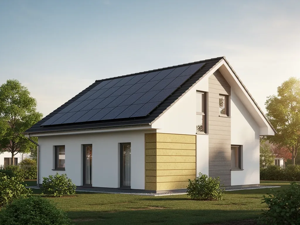 Wie Dämmung PV Combi die Energieeffizienz bei Sanierungen steigert Haus mit moderner Dämmung PV Combi und Solarpaneelen bei Sanierung