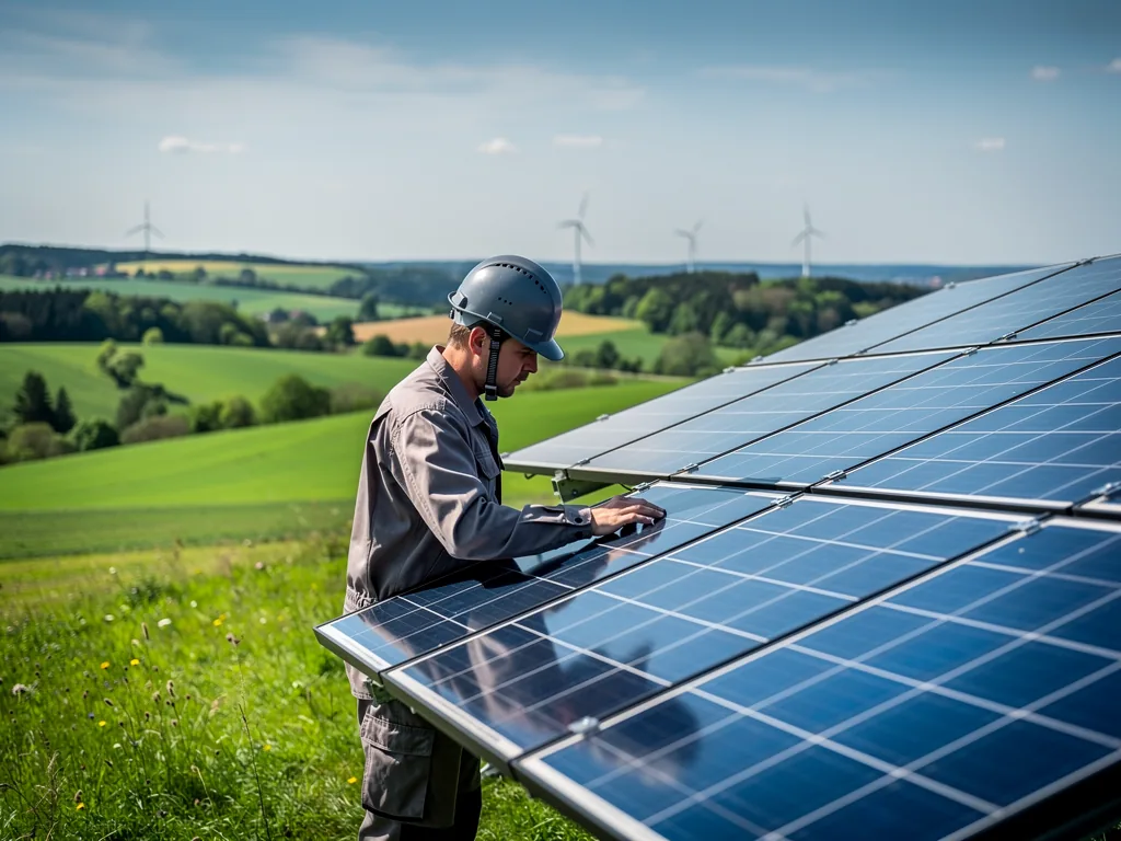 Erneuerbare Energien Saarland als Schlüssel zur nachhaltigen Energiezukunft Solaranlagen und Windräder als Symbol für erneuerbare Energien im Saarland
