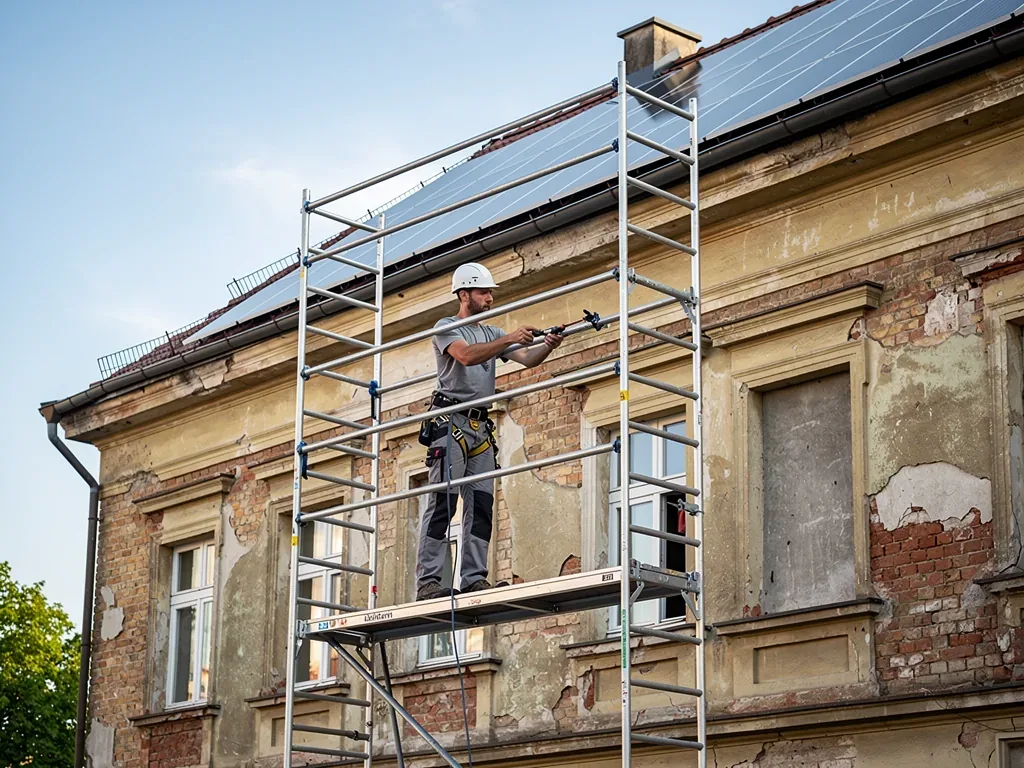 Gerüstbau pv bei Altbausanierungen für sichere Photovoltaikmontage Modulares Gerüst für sichere Photovoltaikmontage an unebenen Altbaufassaden