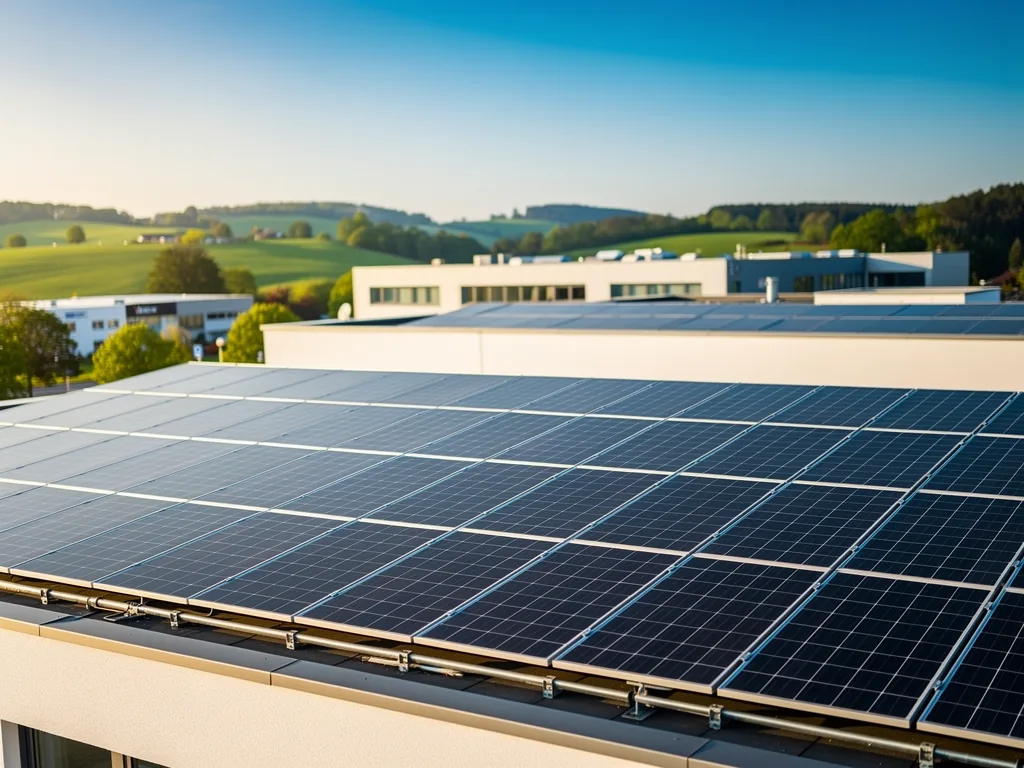 Gewerbliche PV Förderung in Baden-Württemberg sinnvoll nutzen – Chancen und Wege Moderne Photovoltaikanlage auf Gewerbegebäude in Baden-Württemberg mit Förderhinweis