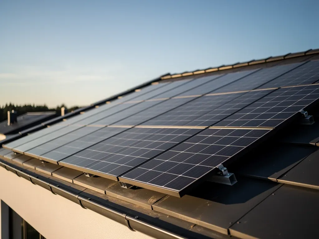 Heizkosten mit Photovoltaik langfristig nachhaltig senken Moderne Photovoltaikanlage auf Hausdach senkt langfristig Heizkosten nachhaltig