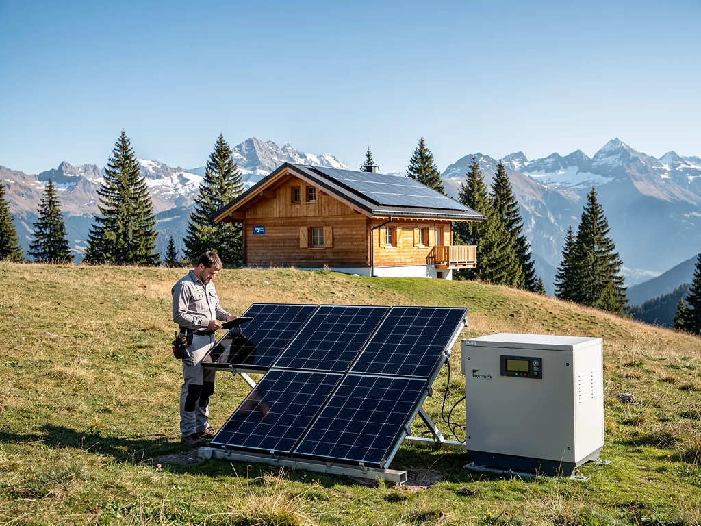 Inselanlage Österreich verstehen und optimieren – Fachwissen für Photovoltaik-Anlagen Moderne Photovoltaik Inselanlage mit Solarpanels und Batteriespeicher in Österreich
