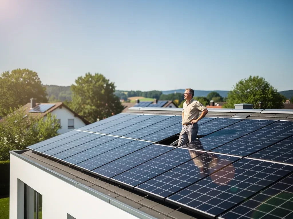 KfW-Förderung für Photovoltaik-Anlagen: So profitieren Sie aktuell Moderne Photovoltaik-Anlage mit Solarmodulen auf Hausdach vor blauem Himmel