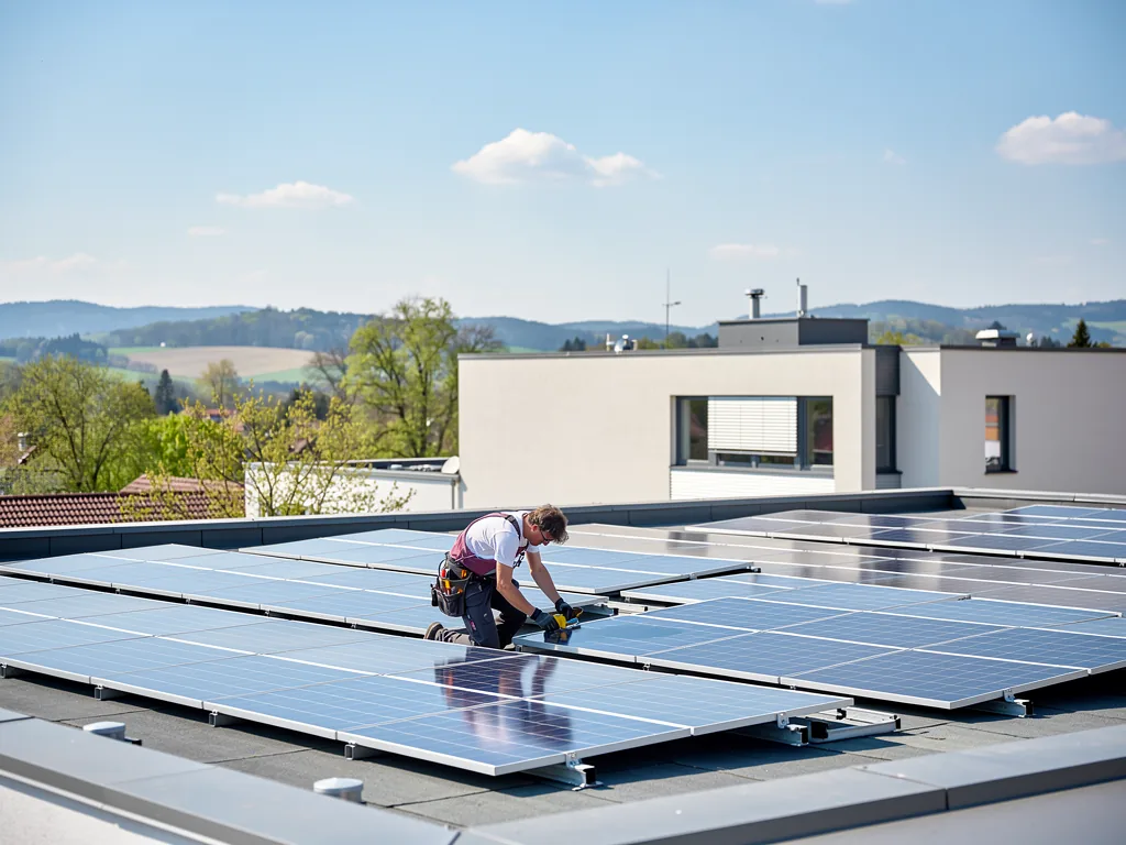 Kommunale PV Förderung in Thüringen effizient nutzen und beantragen Photovoltaikanlage auf kommunalem Gebäude mit Förderhinweisen in Thüringen