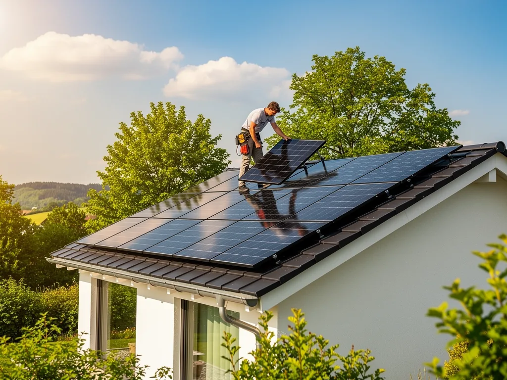 So profitieren Sie von der L-Bank PV Förderung für nachhaltiges Wohnen Photovoltaikanlage auf Wohnhaus mit grüner Landschaft in Baden-Württemberg