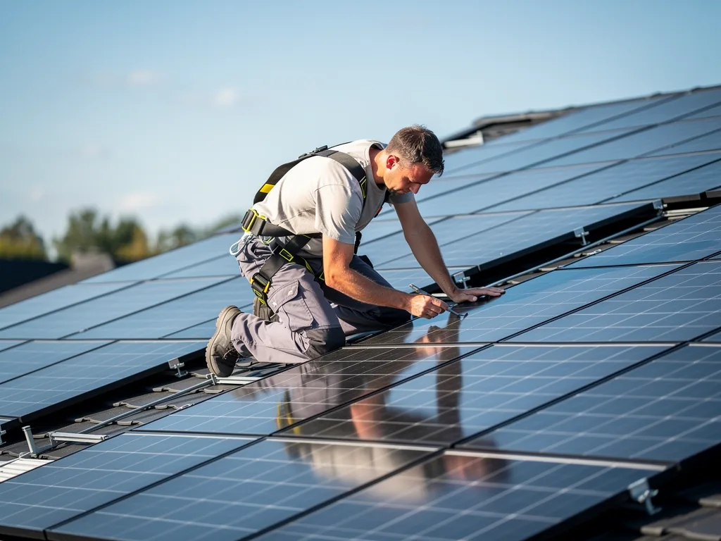 Photovoltaik-Förderung verstehen und nicht förderfähige Kosten vermeiden Photovoltaikanlage mit Panelen und Dokumenten zur Kostenaufstellung und Förderung