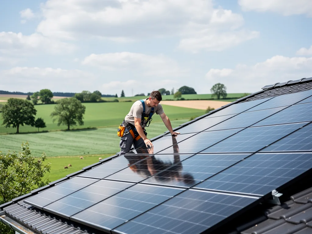 Photovoltaik Ausbau Rheinland im Fokus aktuelle Entwicklungen und Perspektiven bis 2026 Photovoltaikanlagen im Rheinland vor Landschaft mit leicht bewölktem Himmel und Sonne
