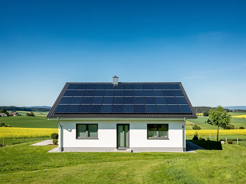 Photovoltaik Deutschland optimal nutzen Wo sich Sonnenstrom am besten lohnt Solaranlage auf Hausdach vor bayerischer Landschaft mit Sonne im Himmel