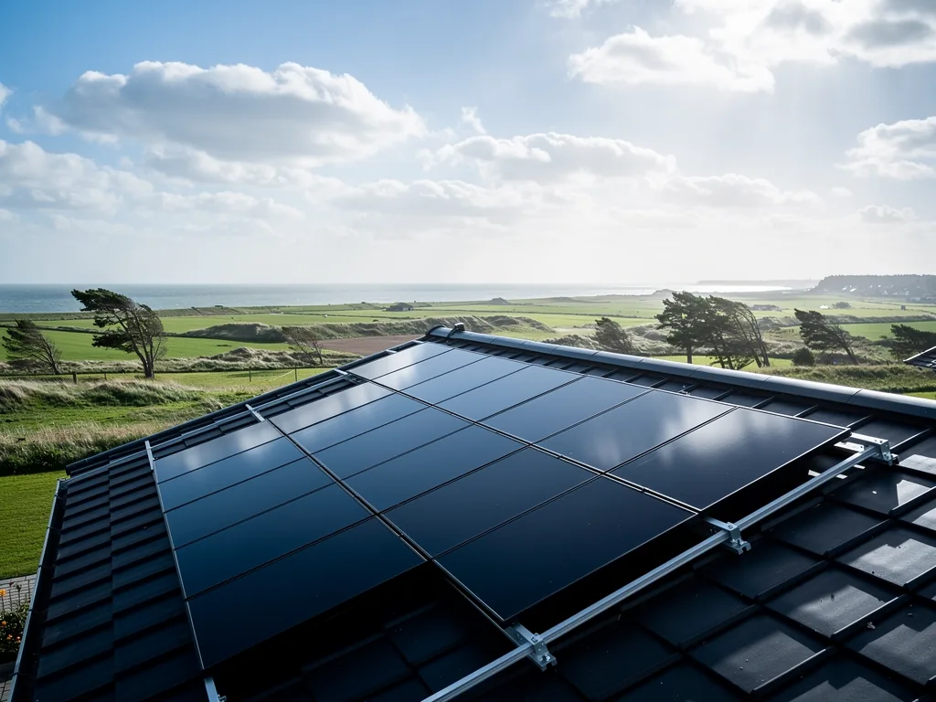 Photovoltaik Empfehlungen aktuell für Schleswig-Holstein im Jahr 2024 Solaranlage auf Hausdach in Schleswig-Holstein mit Blick auf Windräder und Himmel