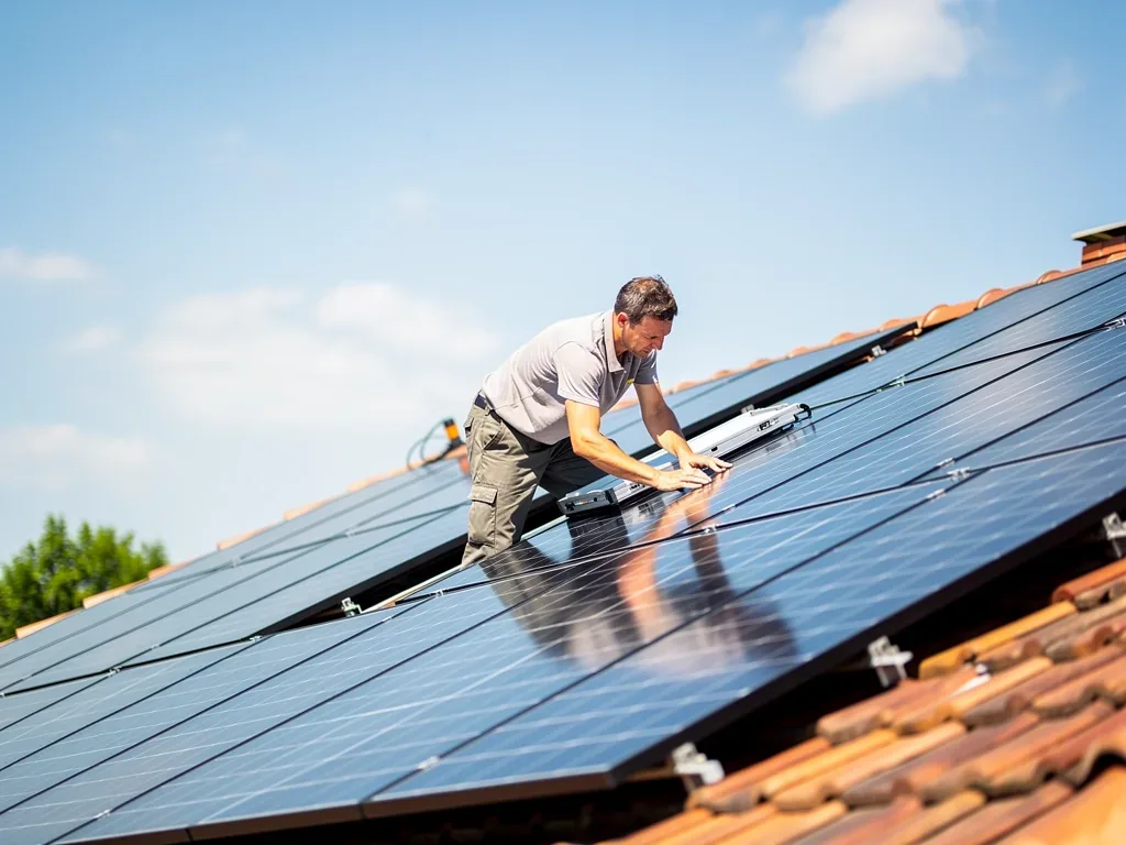 Praktische Photovoltaik Erfahrungen aus dem Alltag mit eigener Anlage Moderne Photovoltaikanlage auf Hausdach mit Solarmodulen im Alltag im Einsatz