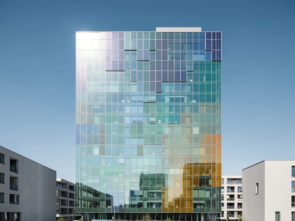 Moderne Photovoltaik Fassaden an urbanem Gebäude für nachhaltige Energie und Design