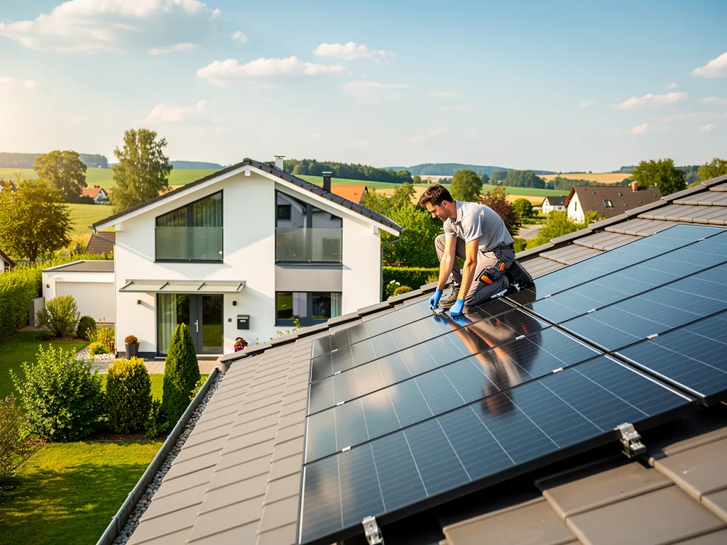 Aktuelle Möglichkeiten zur Photovoltaik Förderung NRW effektiv ausschöpfen Haus mit Solaranlage und Batteriespeicher als Beispiel für Photovoltaik Förderung NRW