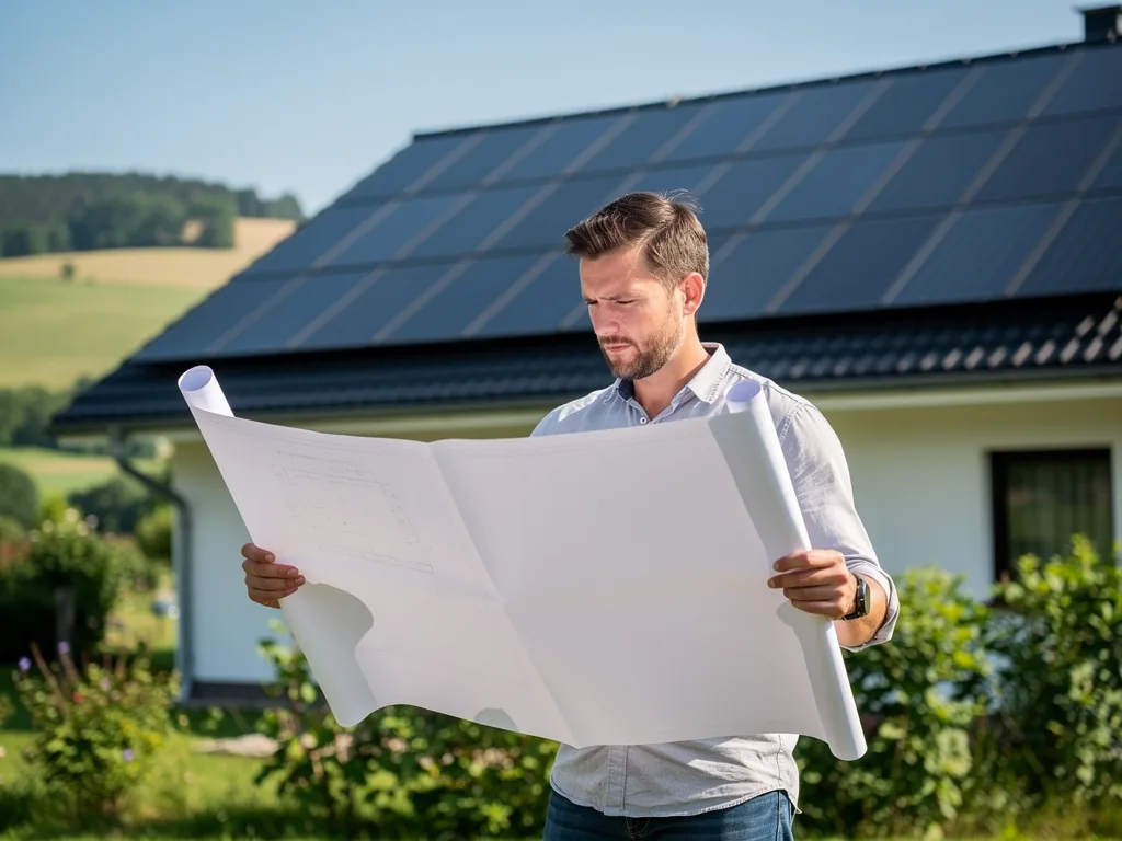 Photovoltaik Genehmigung in Thüringen prüfen und erfolgreich beantragen Photovoltaik-Anlage auf Hausdach in Thüringen mit Genehmigungsunterlagen im Vordergrund