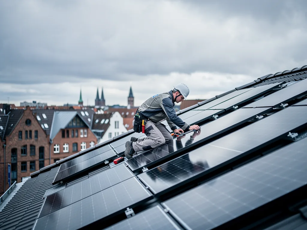 Photovoltaik Hamburg Vergleich zeigt Stärken und Schwächen im Überblick Photovoltaikanlage auf Hausdach mit Hamburger Stadthintergrund im Vergleich