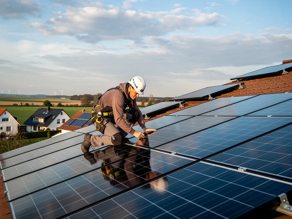 Photovoltaik Installateure SH finden und kompetent beraten lassen Erfahrener Photovoltaik Installateur installiert Solaranlage auf Hausdach in Schleswig-Holstein