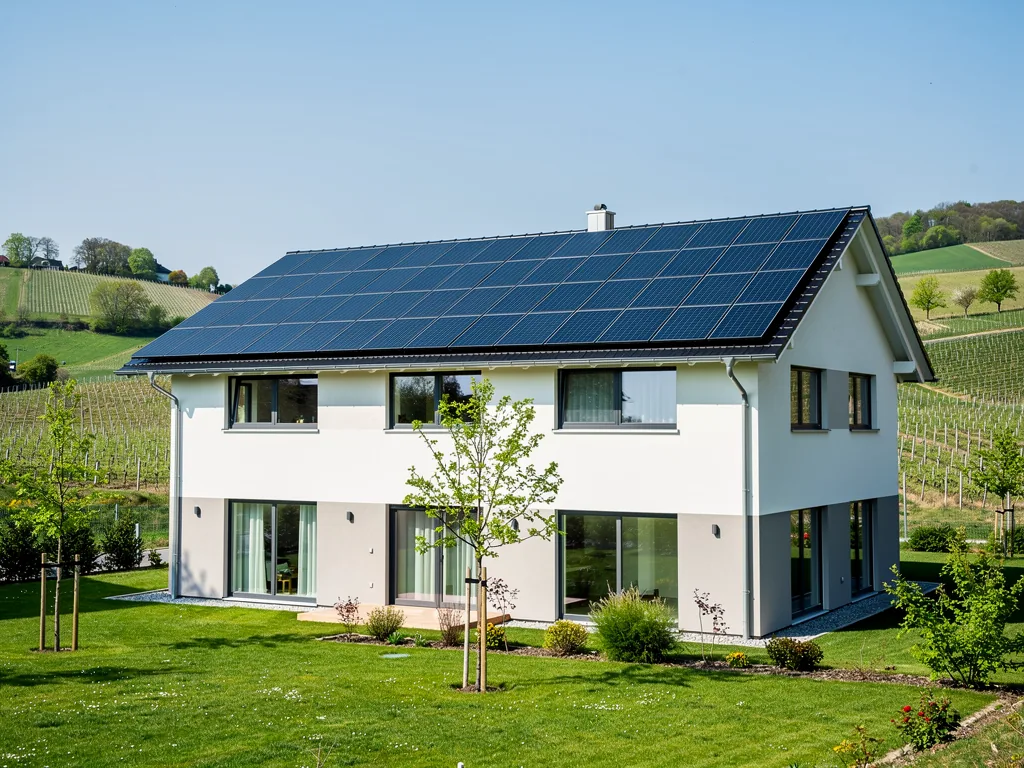 Photovoltaik Pflicht Rheinland: Neue Regeln für Bauherren in Rheinland-Pfalz Dach mit Photovoltaikanlage auf Neubau in Rheinland-Pfalz nach neuer Pflicht