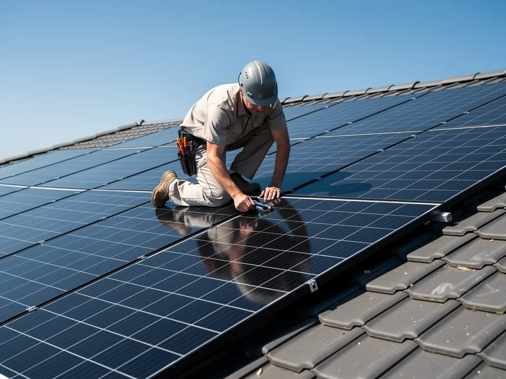 Der umfassende Photovoltaik Ratgeber für Grundlagen und erste Schritte Übersichtliche Darstellung einer Photovoltaikanlage auf einem Hausdach mit Sonnenschein