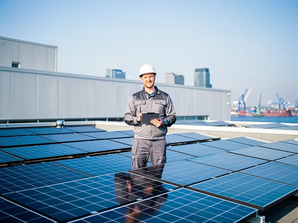 Photovoltaik Unternehmen Hamburg bietet maßgeschneiderte Lösungen für Gewerbekunden Moderne Photovoltaikanlage auf Gewerbedach mit individuellem Energiesystem in Hamburg
