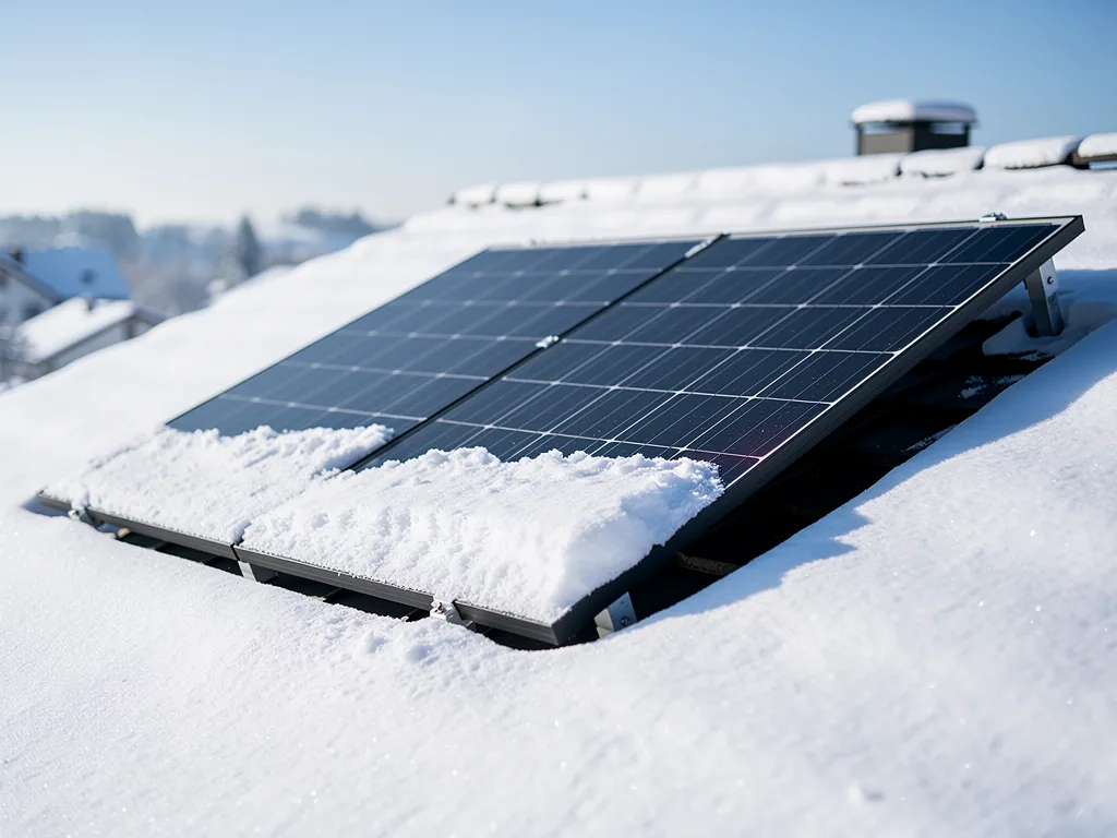 Photovoltaik Winter richtig nutzen Ertrag verbessern und Schnee vermeiden Photovoltaikanlage im Winter mit Schnee auf Solarmodulen und optimierter Neigung