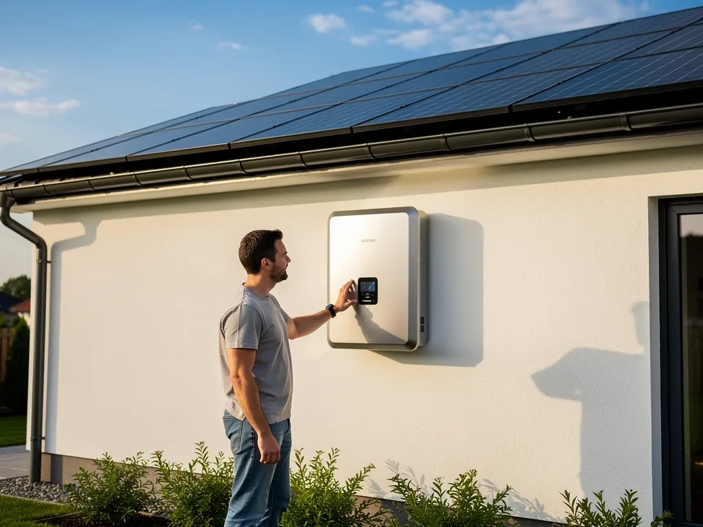 Photovoltaikanlage mit Speicher aus Nutzersicht genau beleuchtet Hausdach mit moderner Photovoltaikanlage und integriertem Speichersystem bei Sonnenschein