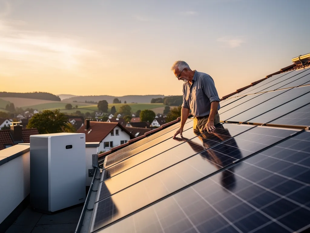 Post EEG BW nutzen nach 20 Jahren Förderung Optionen für PV-Anlagen Post EEG BW Photovoltaikanlage auf Hausdach mit Solarmodulen und Batteriespeicher im Sonnenlicht