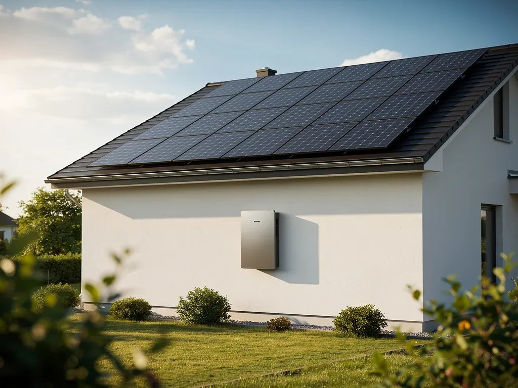 PV-Anlage 10 kWp mit Speicher: Komplettpakete im Detail PV Anlage 10 kWp mit Speicher zeigt Solarmodule, Wechselrichter und Batteriespeicher im Garten