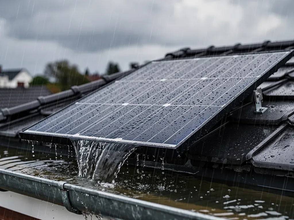 Photovoltaik bei Starkregen: Schutz und Wartungstipps Photovoltaikanlage auf Hausdach bei starkem Regen mit Wasserschutzmaßnahmen