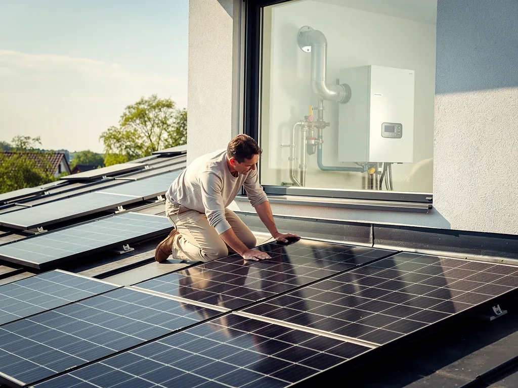 PV-Auslegung für die Heizung: Effizient und zielgerichtet planen Photovoltaikanlage zur effizienten Heizungsunterstützung auf Hausdach mit Solarpanelen