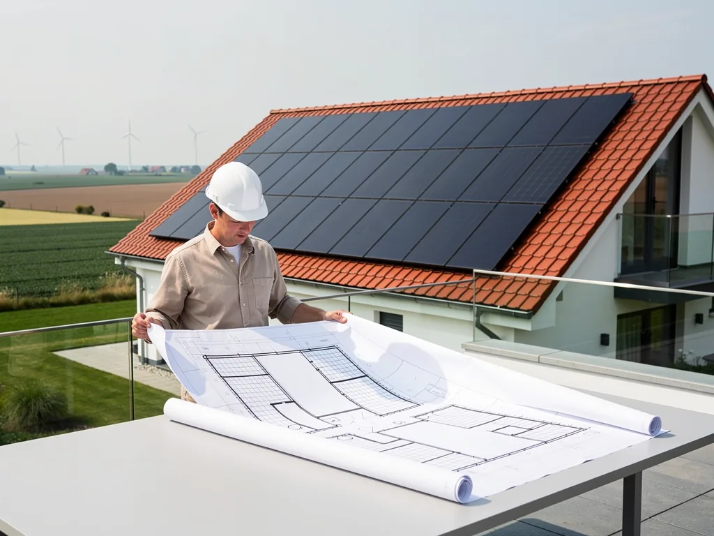 So gelingt die PV Baugenehmigung in Niedersachsen alle wichtigen Schritte Illustration einer Photovoltaikanlage mit Aktenordnern zur PV Baugenehmigung Niedersachsen
