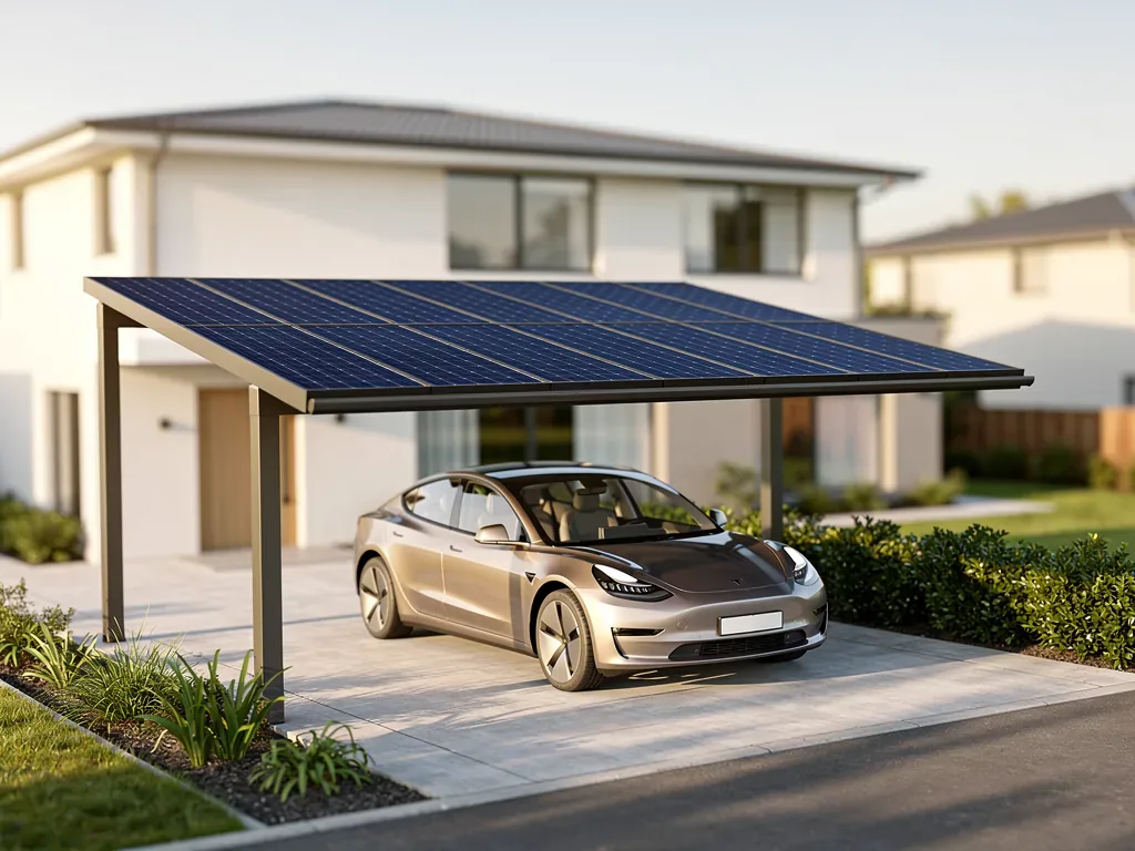 PV Carport als nachhaltige Erweiterung für private Stellplätze nutzen Moderner PV Carport mit Solarmodulen als nachhaltige Erweiterung für private Stellplätze