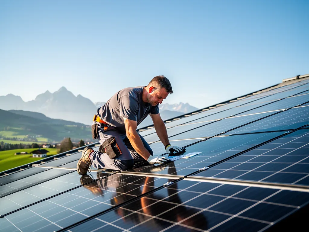 PV Förderung Österreich: Aktuelle Programme und Zuschüsse effektiv nutzen Photovoltaik-Anlage in Österreich mit Förderhinweisen und grüner Landschaft im Hintergrund