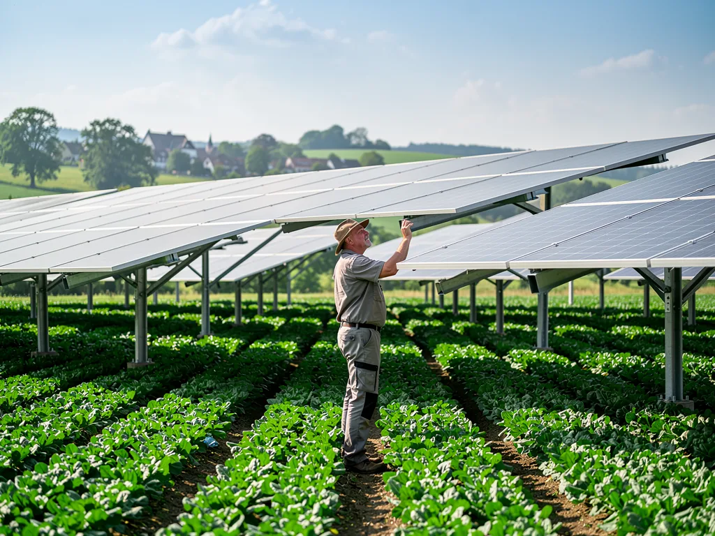 PV Landwirtschaft Hessen wie Landwirte mit nachhaltiger Energie profitieren Landwirt mit Solaranlage auf Feld in Hessen für nachhaltige Energiegewinnung