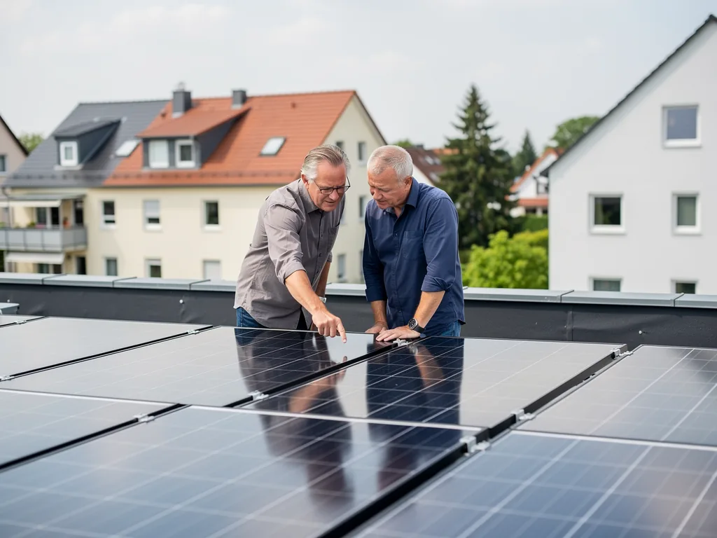 Worauf bei einem PV Mietvertrag NRW bei Solaranlageninstallation zu achten ist Übersichtlicher PV Mietvertrag NRW mit Solaranlage auf einem Wohnhausdach in Nordrhein-Westfalen