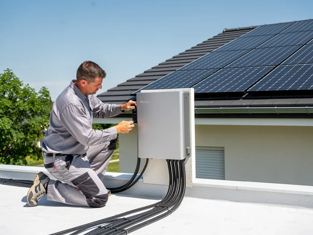 PV mit Speicher kaufen und fachgerecht installieren: Worauf es in der Praxis ankommt Moderne Photovoltaikanlage mit Speicher auf Hausdach für nachhaltige Energieversorgung