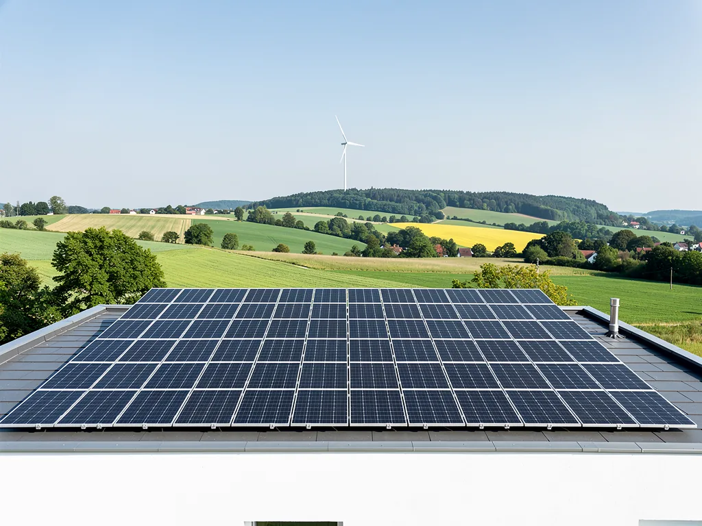 Regionalstrom PV BW stärken durch Ausbau und Nutzung von Photovoltaik vor Ort Photovoltaikanlage auf Hausdach in Baden-Württemberg mit blauem Himmel im Hintergrund