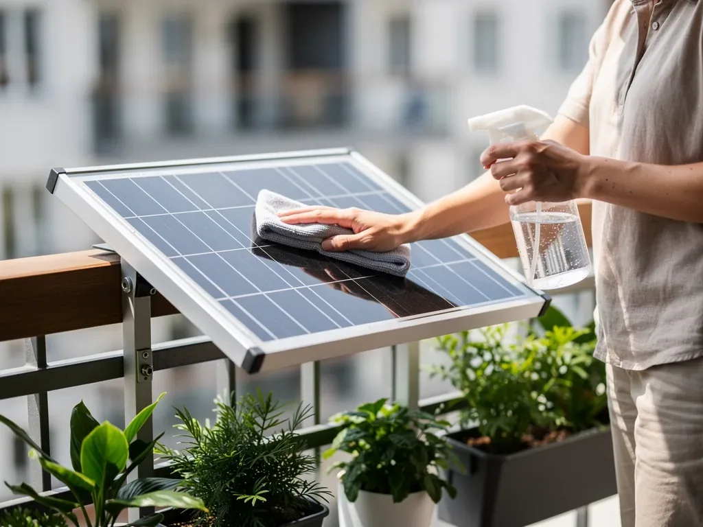 Reinigung Balkonkraftwerke richtig durchführen für maximale Effizienz Sauberes Balkonkraftwerk mit weichem Tuch für maximale Energieeffizienz Reinigung