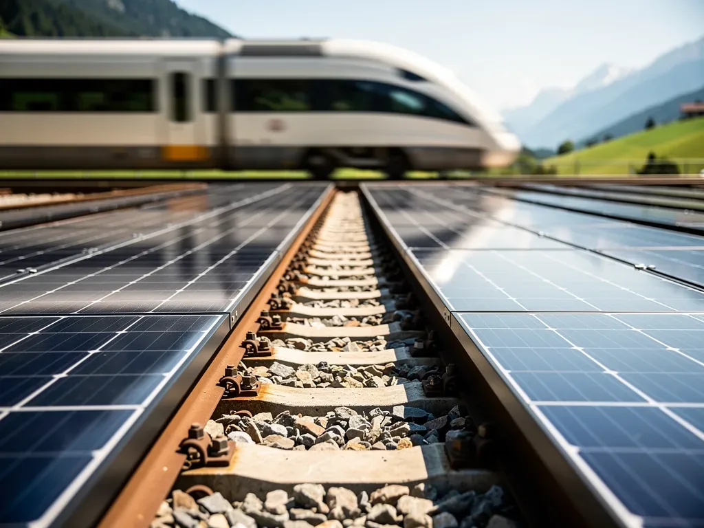 Schweiz Bahn Solar: Innovative Technik für nachhaltige Energie im Gleisbett Solarmodule zwischen Bahngleisen in der Schweiz zur nachhaltigen Energiegewinnung