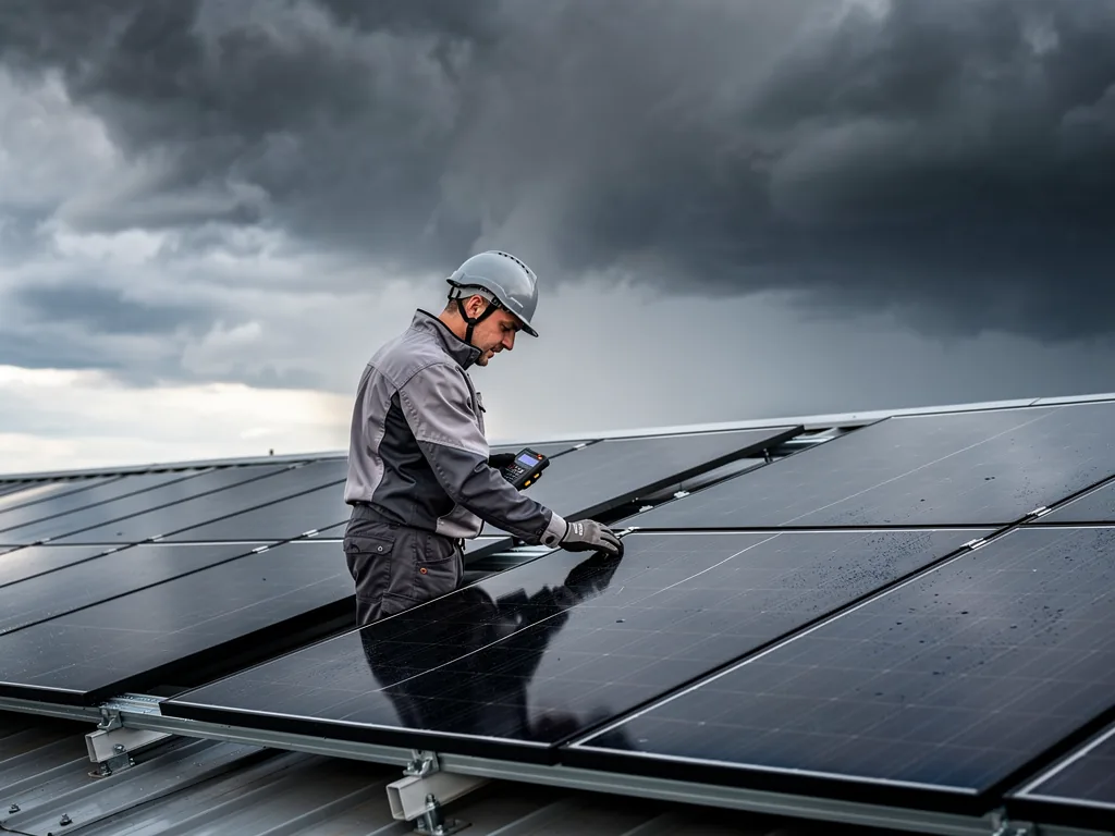 Wie Sie mit der passenden Solaranlage Versicherung Schäden zuverlässig absichern Moderne Solaranlage auf Hausdach mit Schutzsymbol für Versicherungsschutz