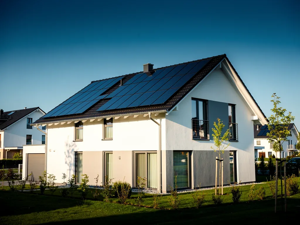 Stromgestehungskosten von Photovoltaik im Hausbau im Vergleich zu konventioneller Energie Modernes Einfamilienhaus mit Solarzellen auf dem Dach für günstigen Solarstrom