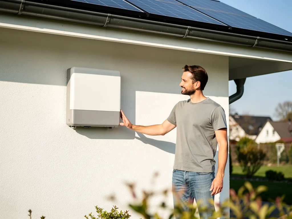 Stromspeicher NRW effektiv nutzen Förderprogramme und Auswahlkriterien Moderner Stromspeicher in NRW mit Solarzellen und Förderhinweisen im Hintergrund