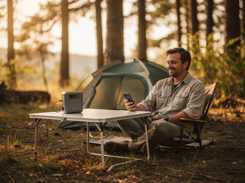 Mobile Stromspeicher unterwegs nutzen für nachhaltige Energieversorgung Moderner mobiler Stromspeicher für nachhaltige Energieversorgung unterwegs beim Camping