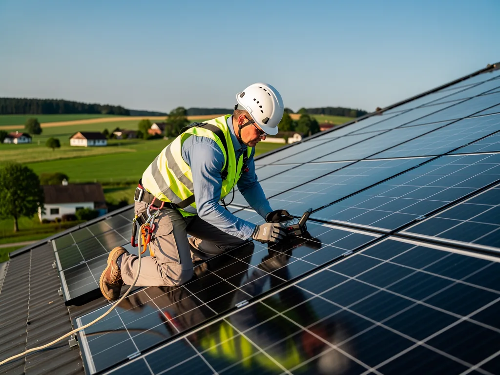 TÜV Photovoltaik Prüfverfahren in Thüringen für sichere Solarstromanlagen TÜV-Prüfer kontrolliert Photovoltaikanlage in Thüringen für maximale Sicherheit und Qualität